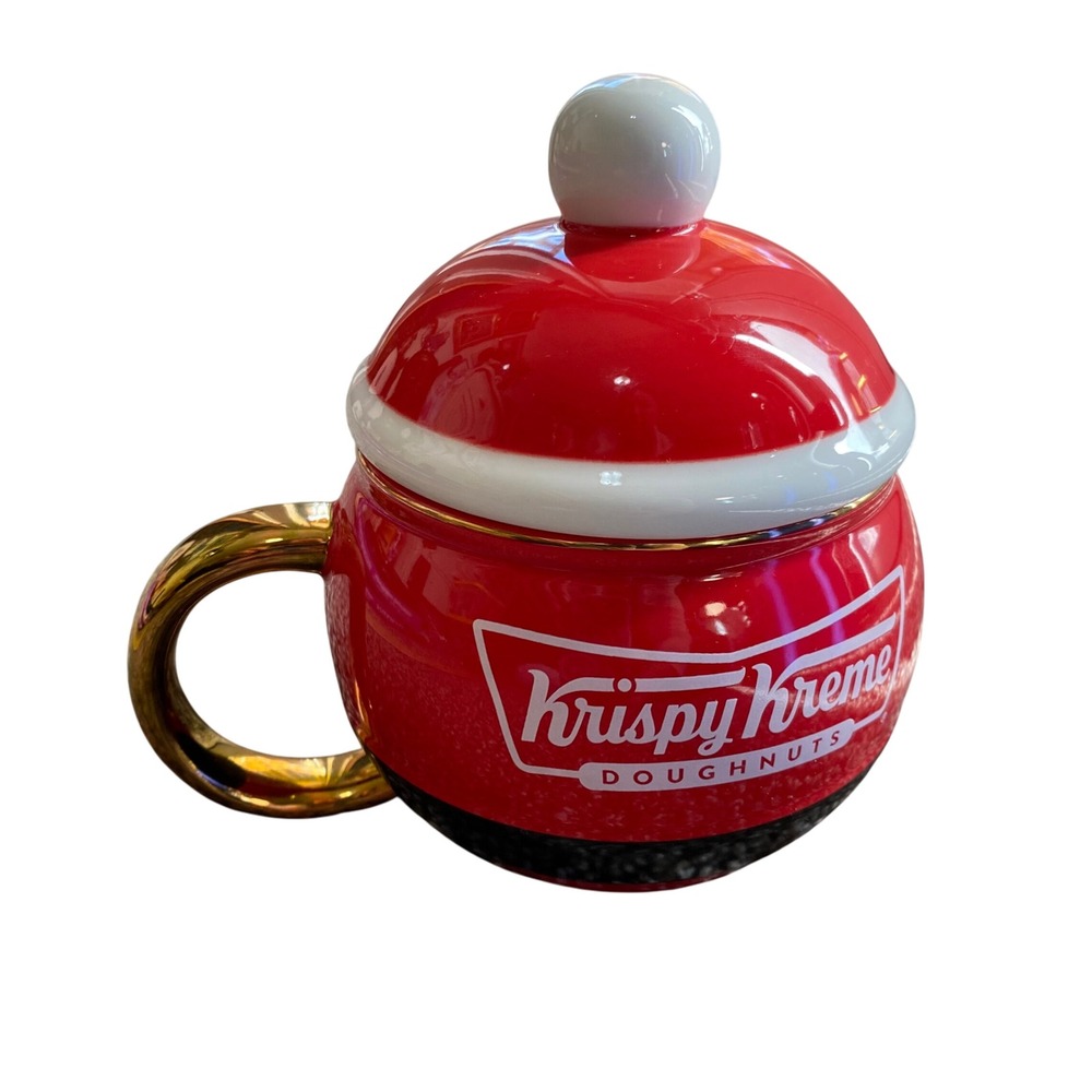 Krispy‎ Kreme Santa Mug With Lid Gold Handle Christmas Holiday Festive Drinkware